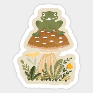 Cute Cottagecore Goblincore Frog Sat on a Forest Mushroom Sticker